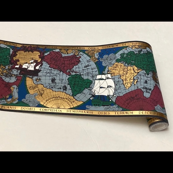 Nautical Antique Old World Map Globe Metallic Gold Black PrePasted Border 3 roll - Picture 3 of 6